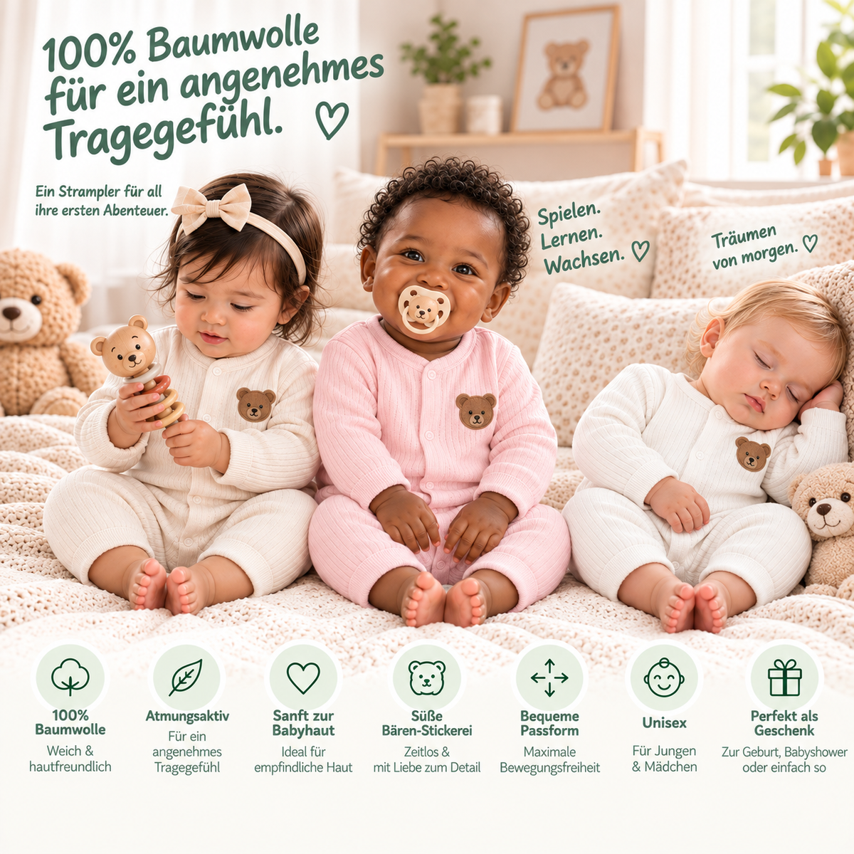 Baby Strampler Onesie mit Bären-Stickerei aus 100% Baumwolle – Unisex