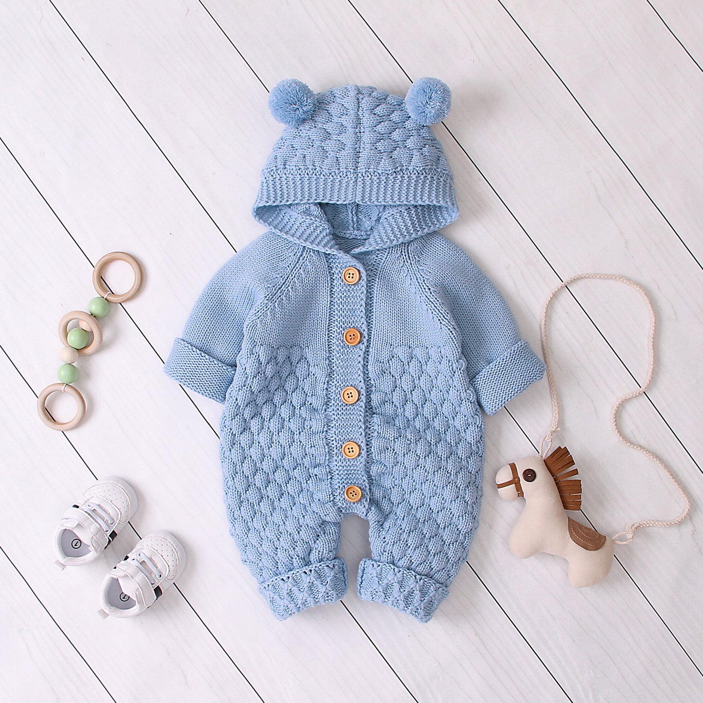 Gestrickter Baby Onesie mit Bärenohren Kapuze – Unisex Strampler
