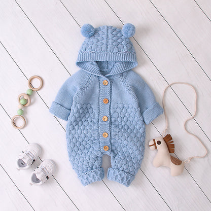 Gestrickter Baby Onesie mit Bärenohren Kapuze – Unisex Strampler