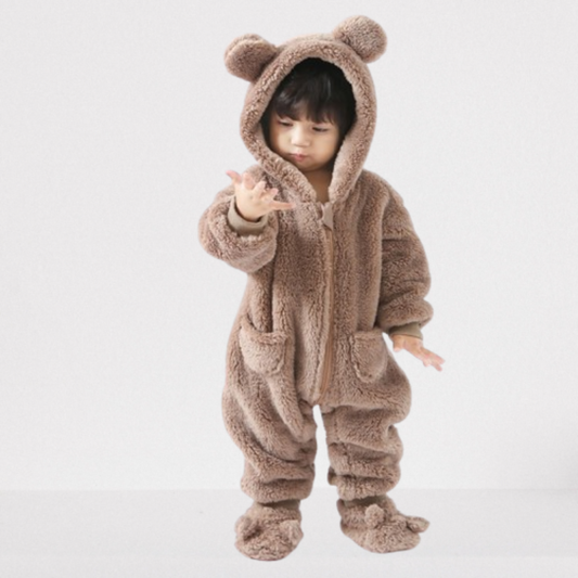 Warmer Baby & Kleinkind Fleece Onesie mit Teddy Kapuze – kuscheliger Einteiler