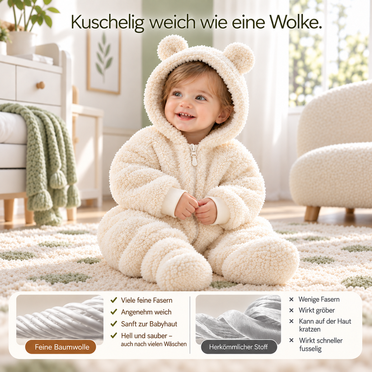 Baby Teddy Winteroverall – Warmer Fleece-Overall mit Kapuze & Bärenohren