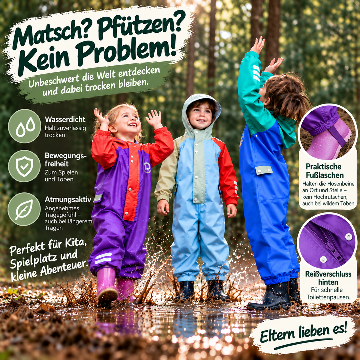 Kinder Regen- & Matschanzug – Wasserdichter Overall mit Reflektoren für bessere Sichtbarkeit im Dunkeln