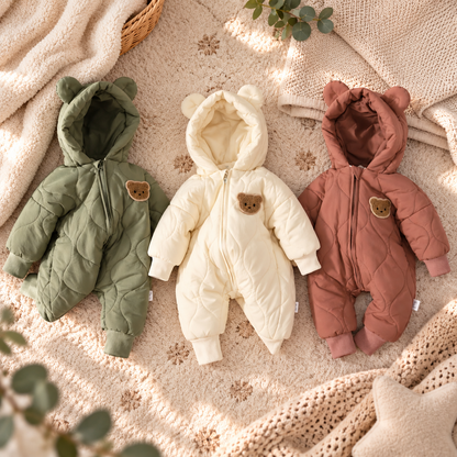 Baby Winteroverall – Warmer gefütterter Steppanzug mit Kapuze & Bärenohren