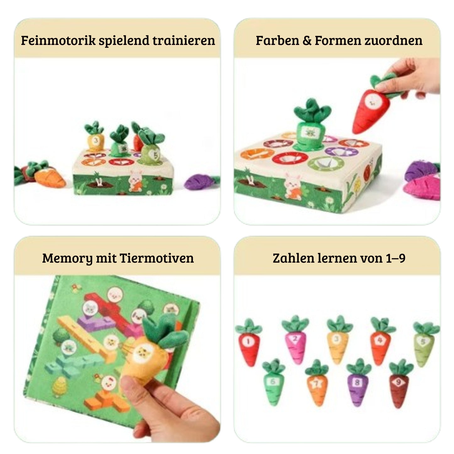Montessori Karotten Steckspiel aus Filz ab 18 Monaten – Lernspiel für Farben, Zahlen & Motorik