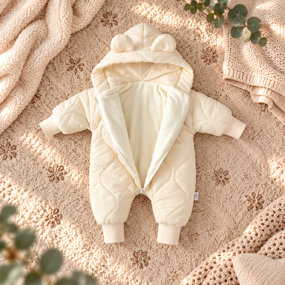 Baby Winteroverall – Warmer gefütterter Steppanzug mit Kapuze & Bärenohren