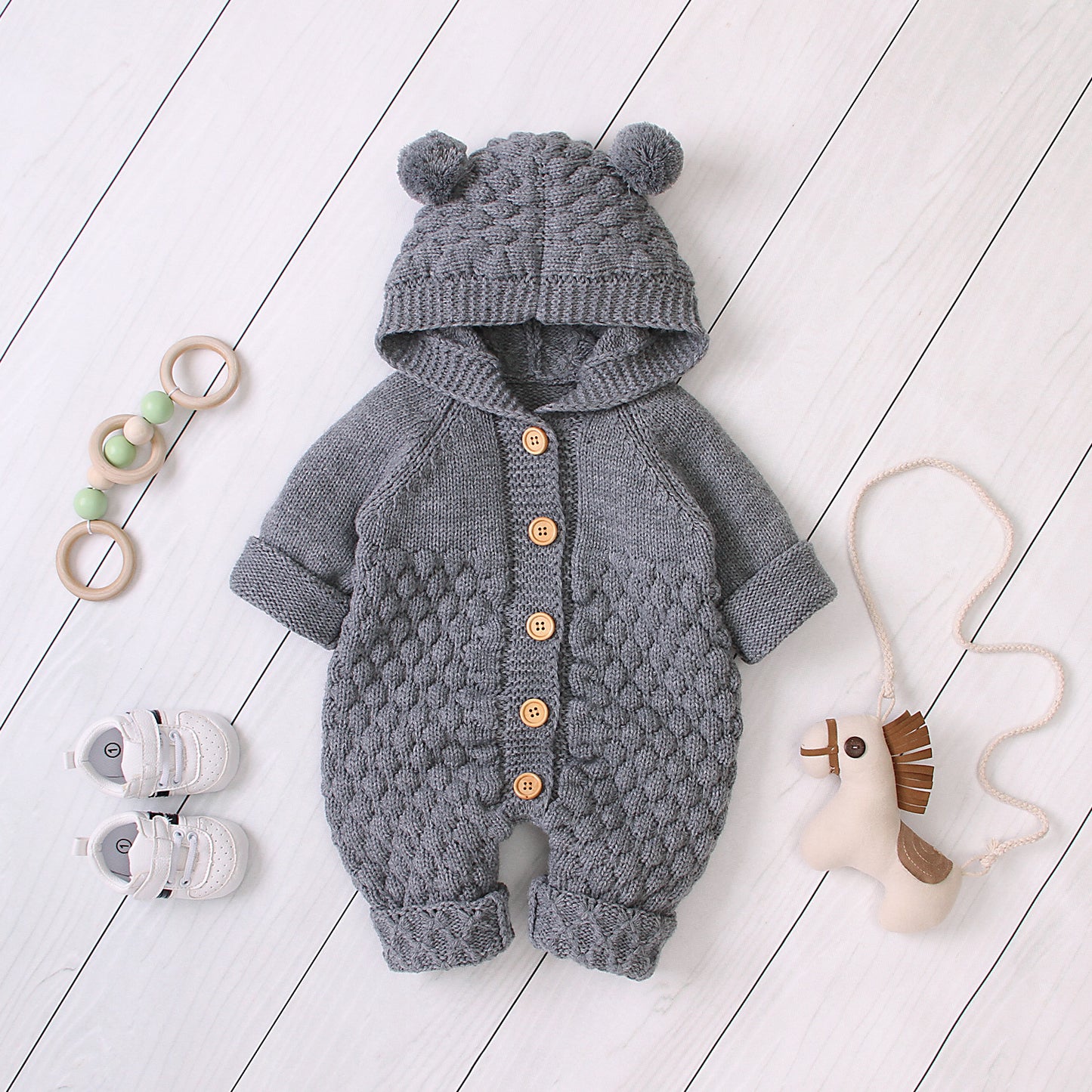 Gestrickter Baby Onesie mit Bärenohren Kapuze – Unisex Strampler