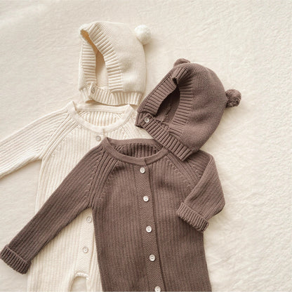 Baumwoll Baby Onesie mit Teddy Mütze – Unisex Jumpsuit Einteiler