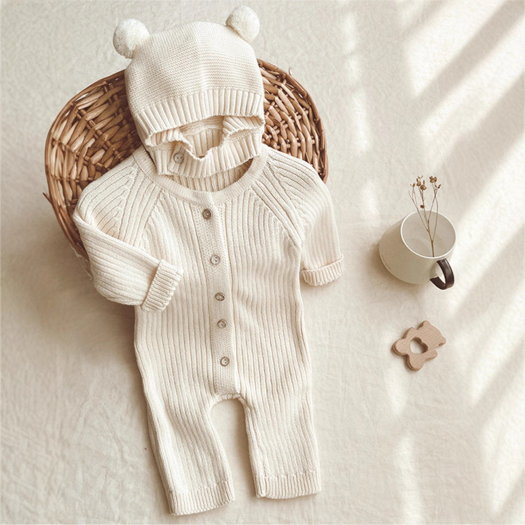 Baumwoll Baby Onesie mit Teddy Mütze – Unisex Jumpsuit Einteiler