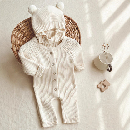 Baumwoll Baby Onesie mit Teddy Mütze – Unisex Jumpsuit Einteiler