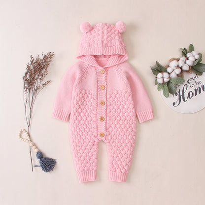 Gestrickter Baby Onesie mit Bärenohren Kapuze – Unisex Strampler
