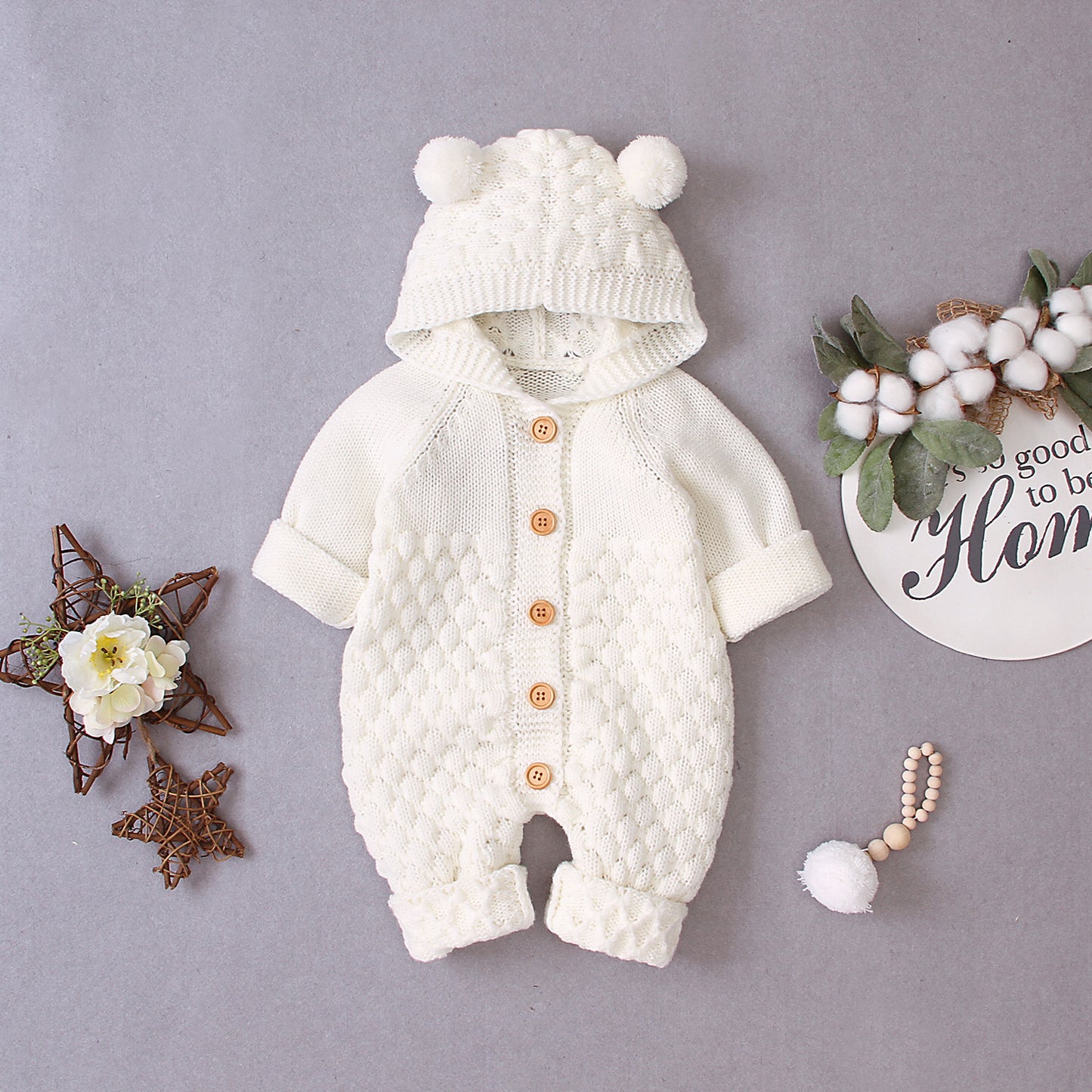 Gestrickter Baby Onesie mit Bärenohren Kapuze – Unisex Strampler
