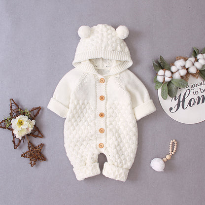 Gestrickter Baby Onesie mit Bärenohren Kapuze – Unisex Strampler