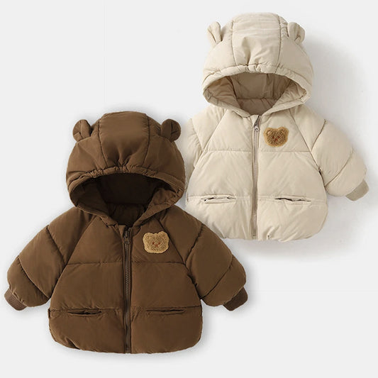 Baby & Kleinkind Winterjacke mit Bären Kapuze – warme wattierte Daunenjacke