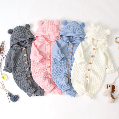 Gestrickter Baby Onesie mit Bärenohren Kapuze – Unisex Strampler