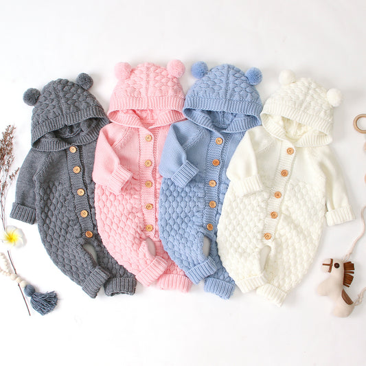 Gestrickter Baby Onesie mit Bärenohren Kapuze – Unisex Strampler