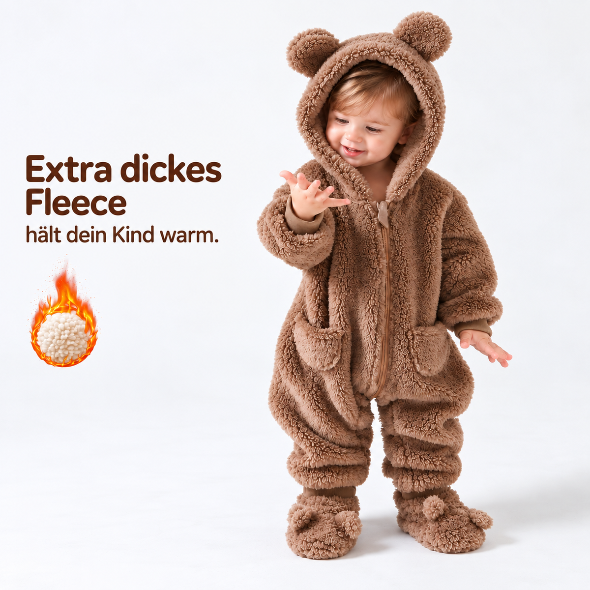 Baby Teddy Winteroverall – Warmer Fleece-Overall mit Kapuze & Bärenohren