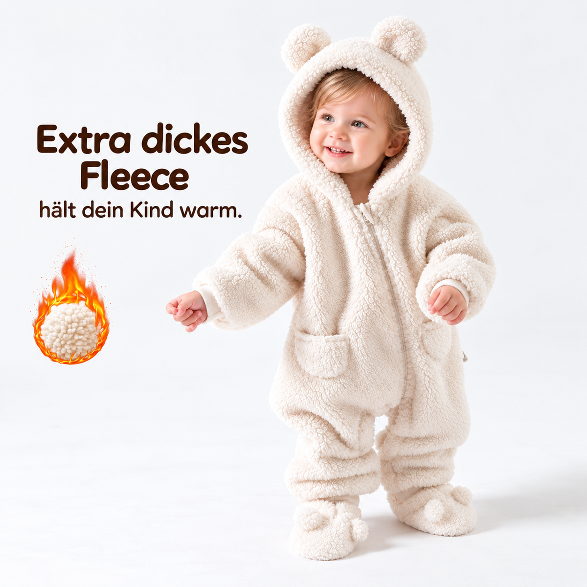 Baby Teddy Winteroverall – Warmer Fleece-Overall mit Kapuze & Bärenohren