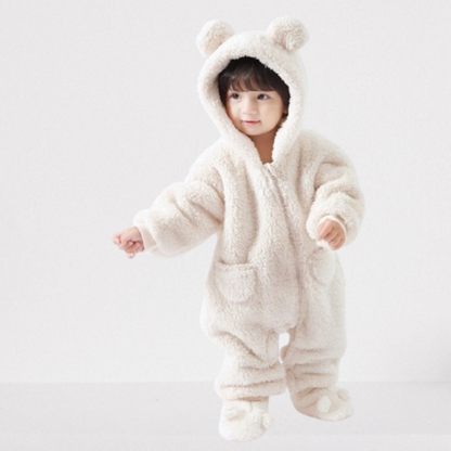 Warmer Baby & Kleinkind Fleece Onesie mit Teddy Kapuze – kuscheliger Einteiler