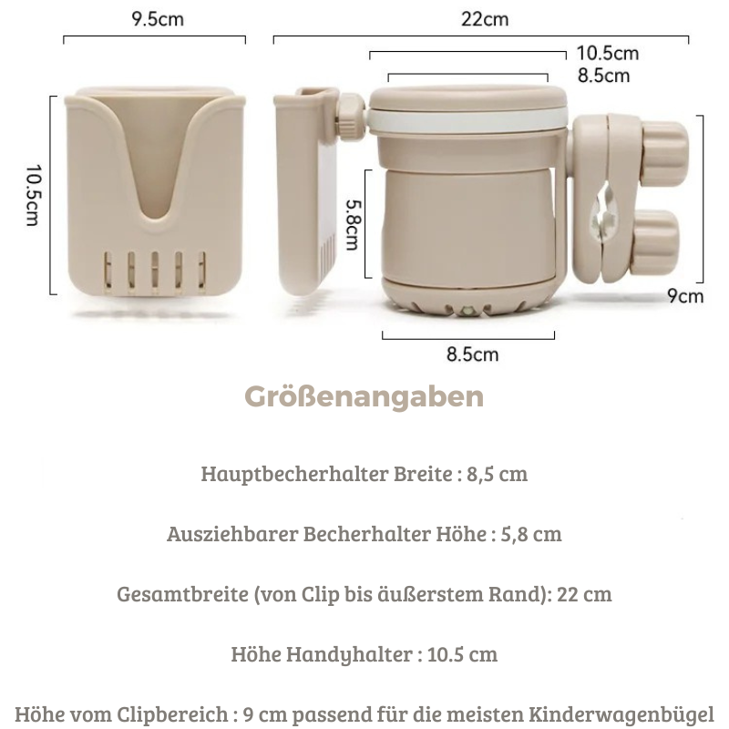 3-in-1 Kinderwagen Getränkehalter mit Handyhalter – Universal Becherhalter & Flaschenhalter
