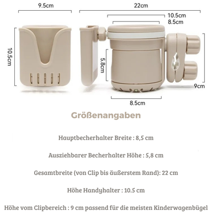 3-in-1 Kinderwagen Getränkehalter mit Handyhalter – Universal Becherhalter & Flaschenhalter