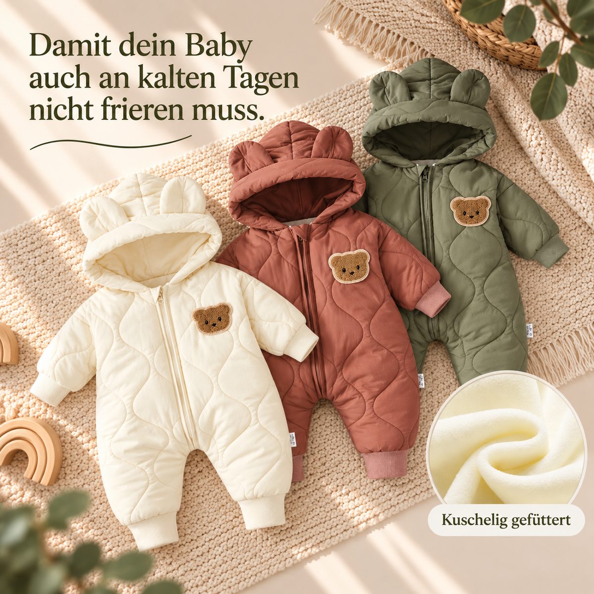 Baby Winteroverall – Warmer gefütterter Steppanzug mit Kapuze & Bärenohren