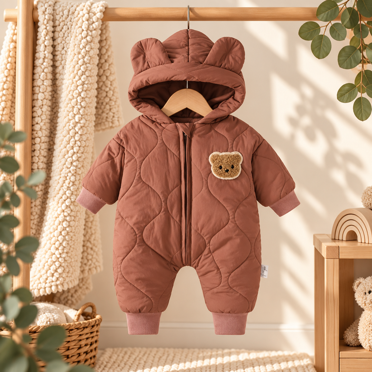 Baby Winteroverall – Warmer gefütterter Steppanzug mit Kapuze & Bärenohren