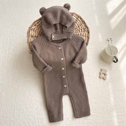 Baumwoll Baby Onesie mit Teddy Mütze – Unisex Jumpsuit Einteiler